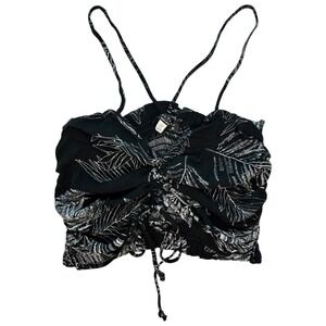 NWT Final Touch Black Smocked Crop Top Spaghetti Strap Ruched Tie Front S